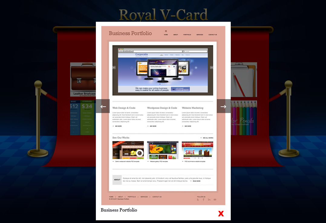 vcarddesign-works-popup High Quality V-Card website PSD templates