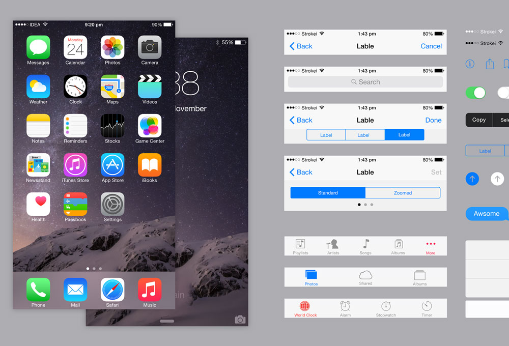 iOS 8 iPhone 6 Plus UI Kit PSD GraphicsFuel