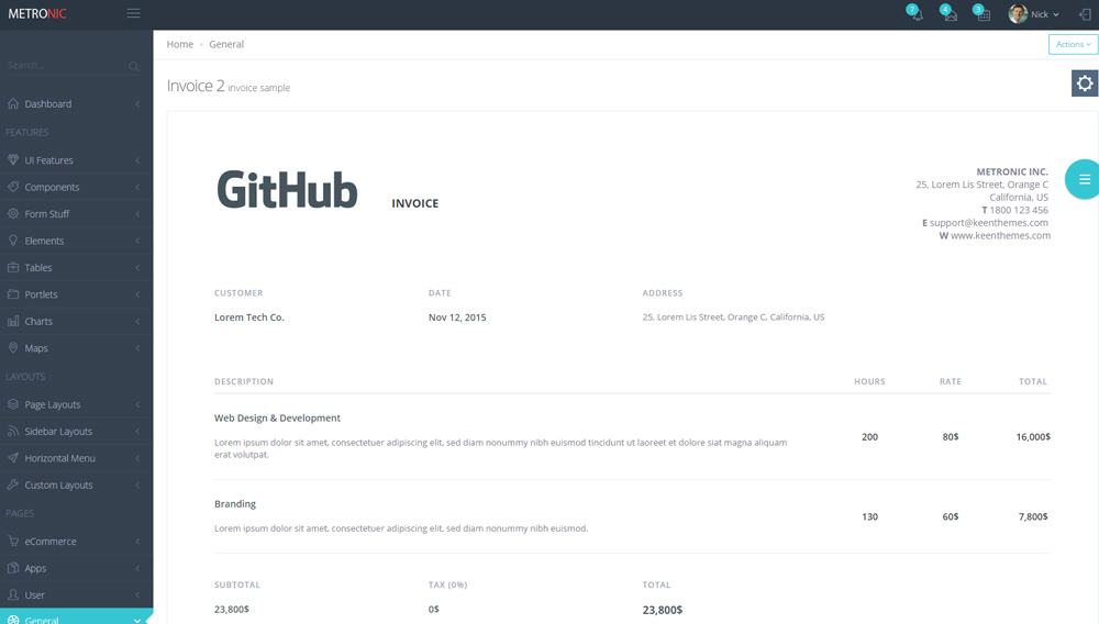 Metronic Dashboard Invoice