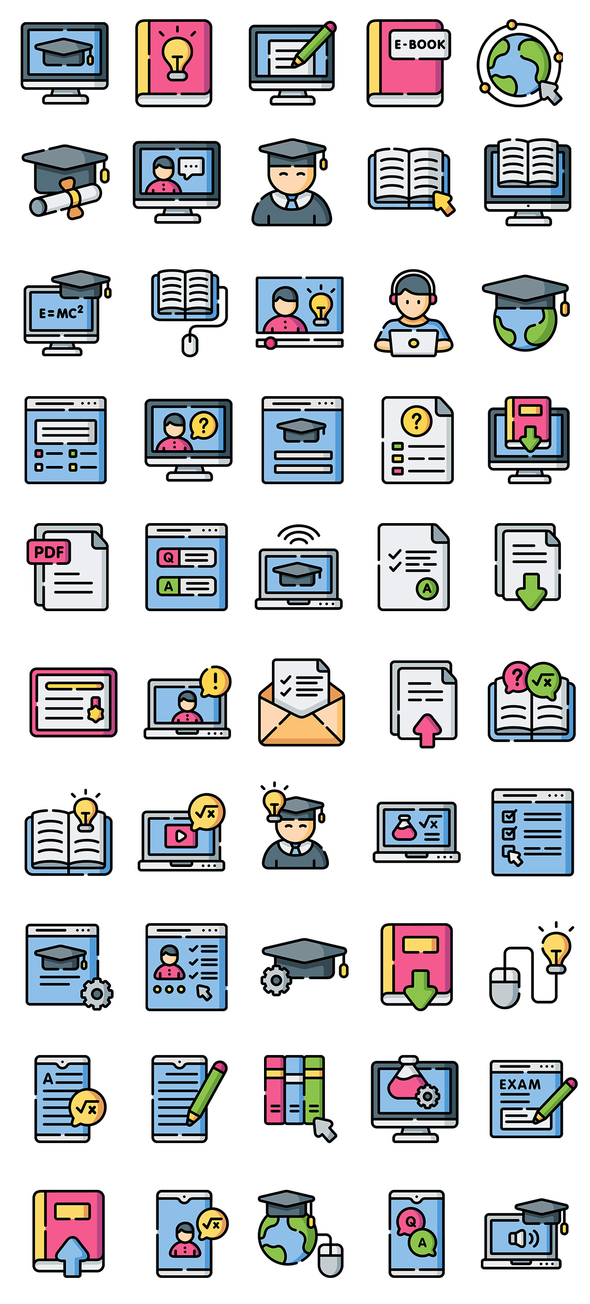 Online Learning Line Color Icons