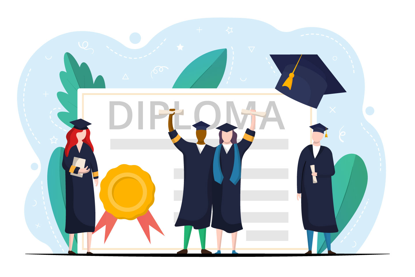Students Graduating with Academic Diploma Free Flat Vector Illustration