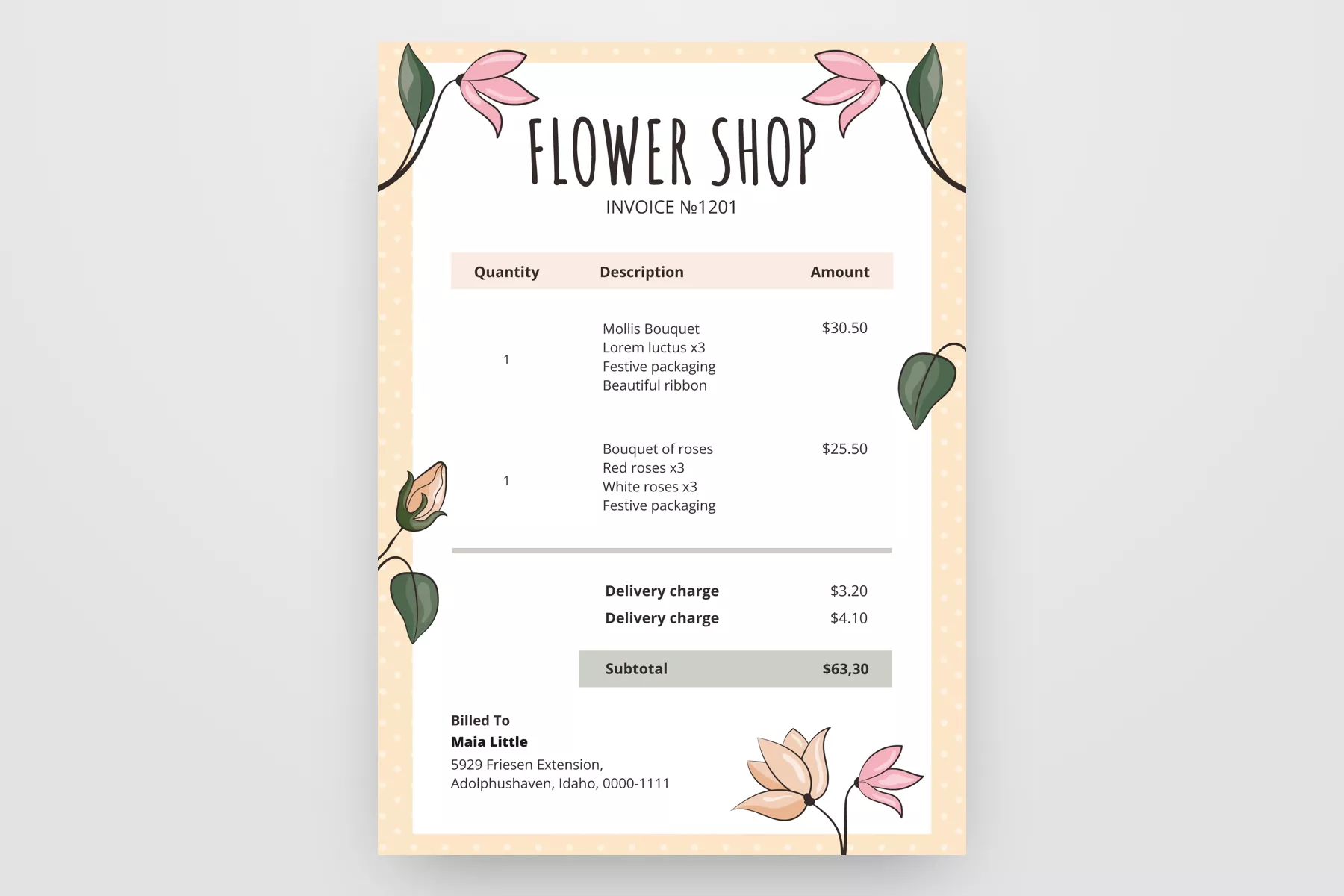 Flower Shop Invoice Free Google Docs Template