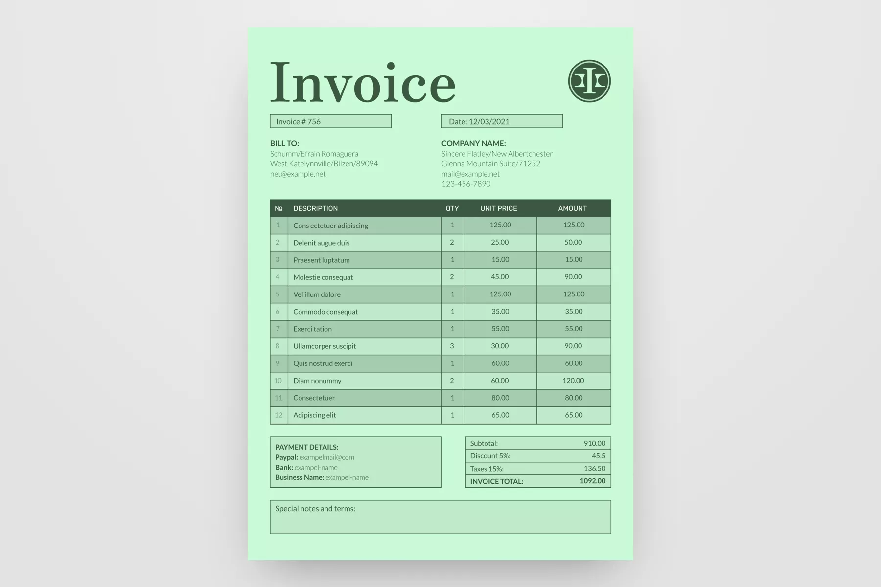 Green Invoice Free Google Docs Template