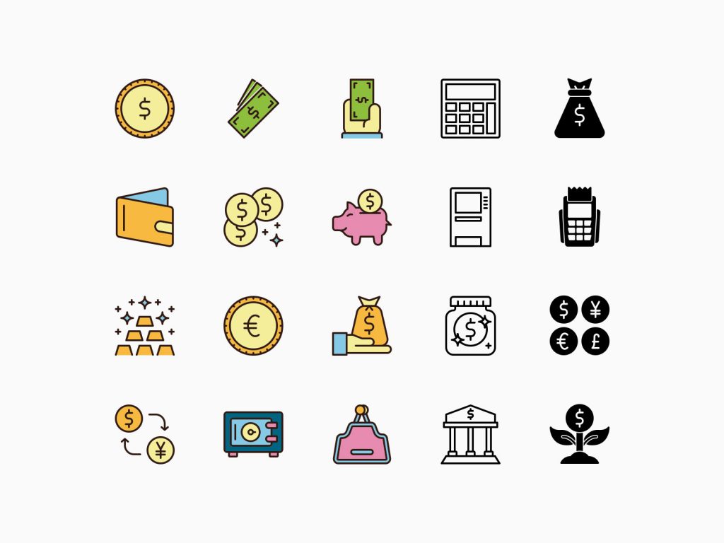Money and valuables icons pack lines