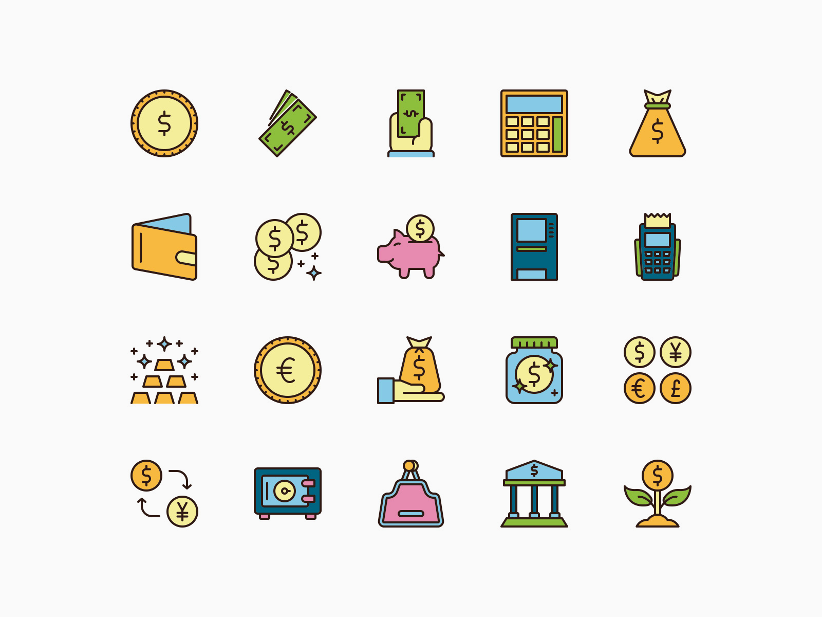 Money and valuables icons pack color