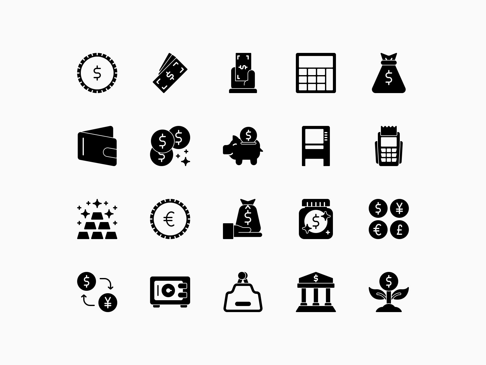 Money and valuables icons pack solid