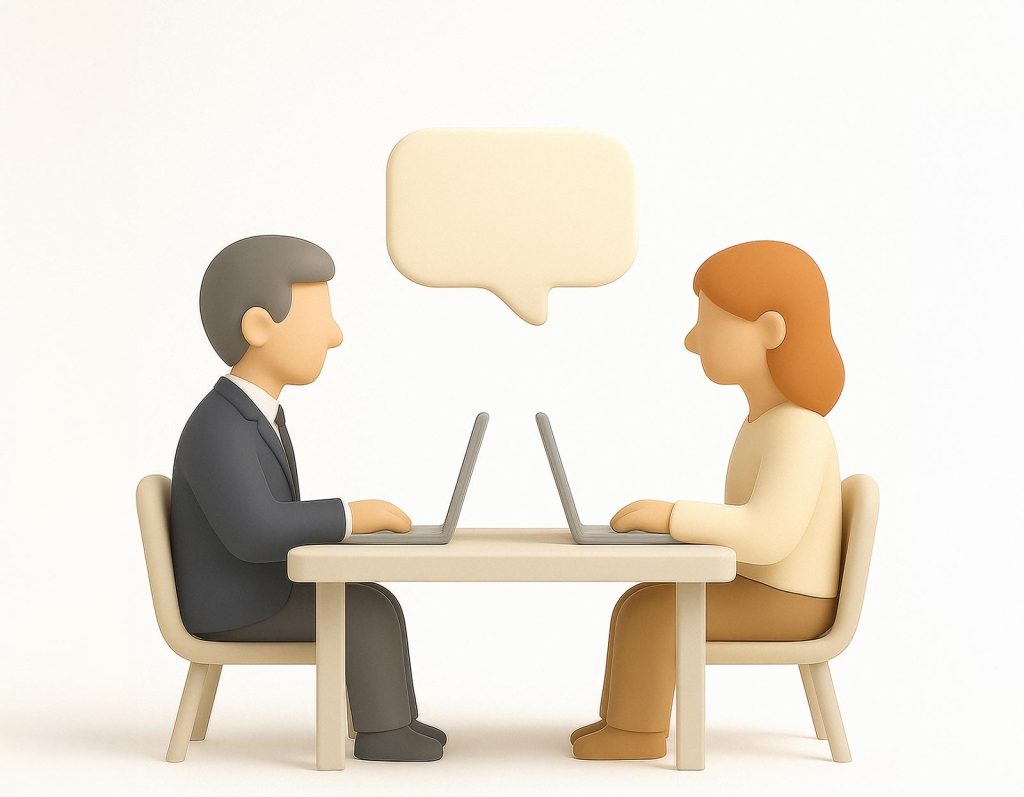 3D illustration of a professional business interview conversation with laptops and speech bubble