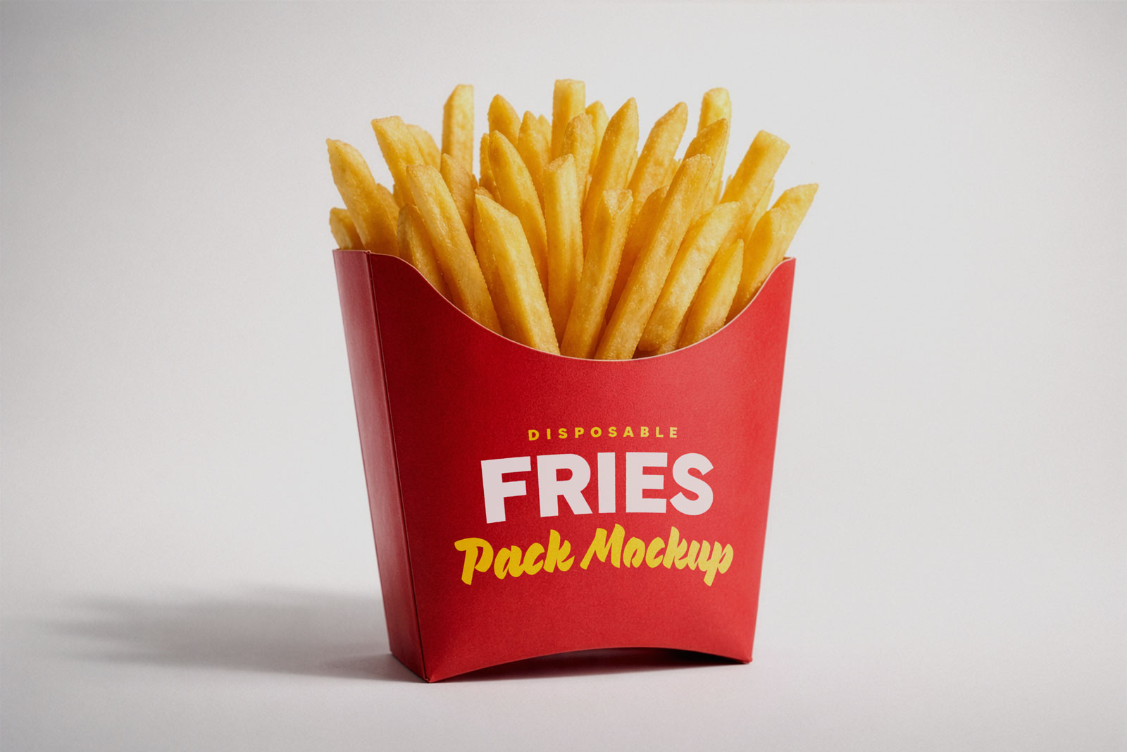 French fries pack mockup with disposable red packaging and realistic food presentation
