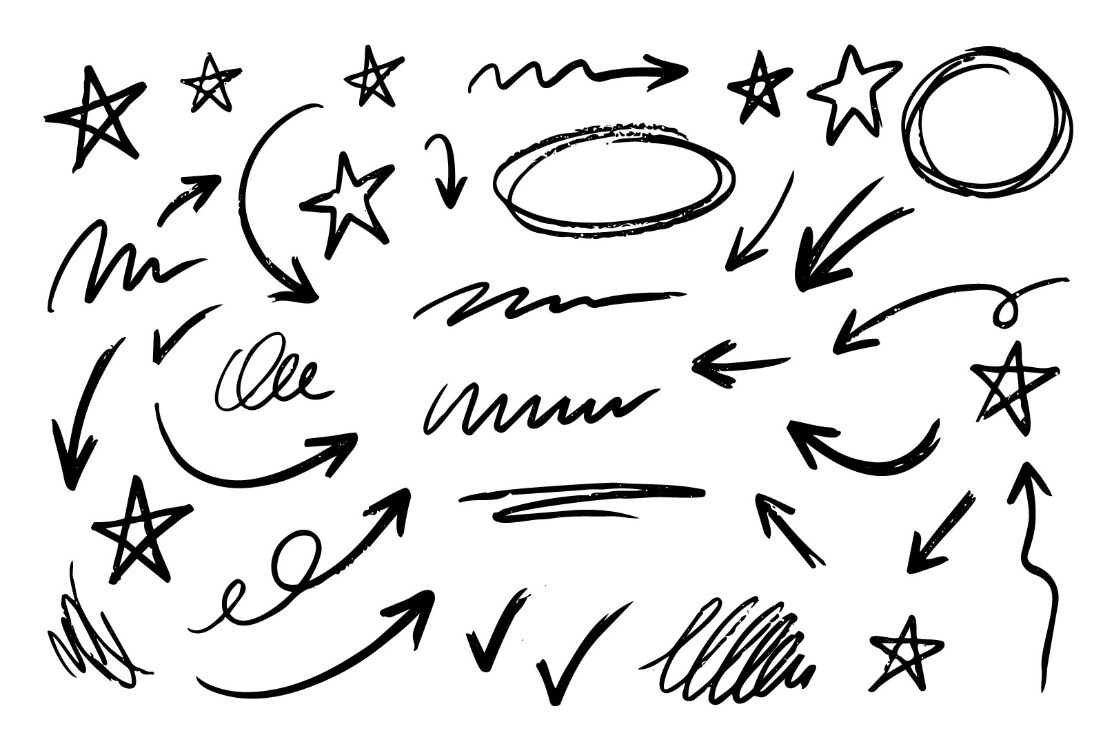 Hand-drawn doodle arrows and sketch elements including stars, lines, and directional arrows