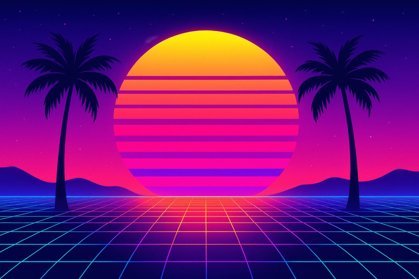 Vaporwave sunset illustration with neon grid landscape, palm trees, and glowing retro sun