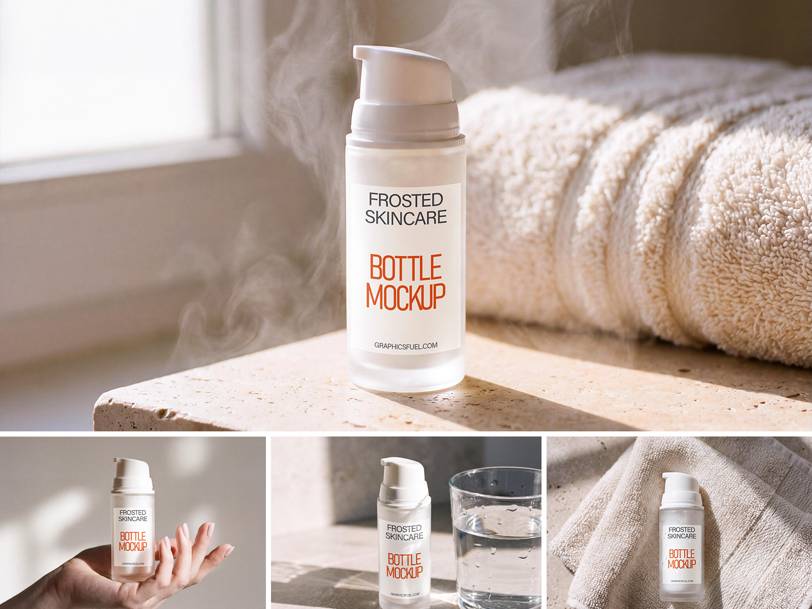 Frosted skincare bottle mockup on a stone ledge with steam and soft window light