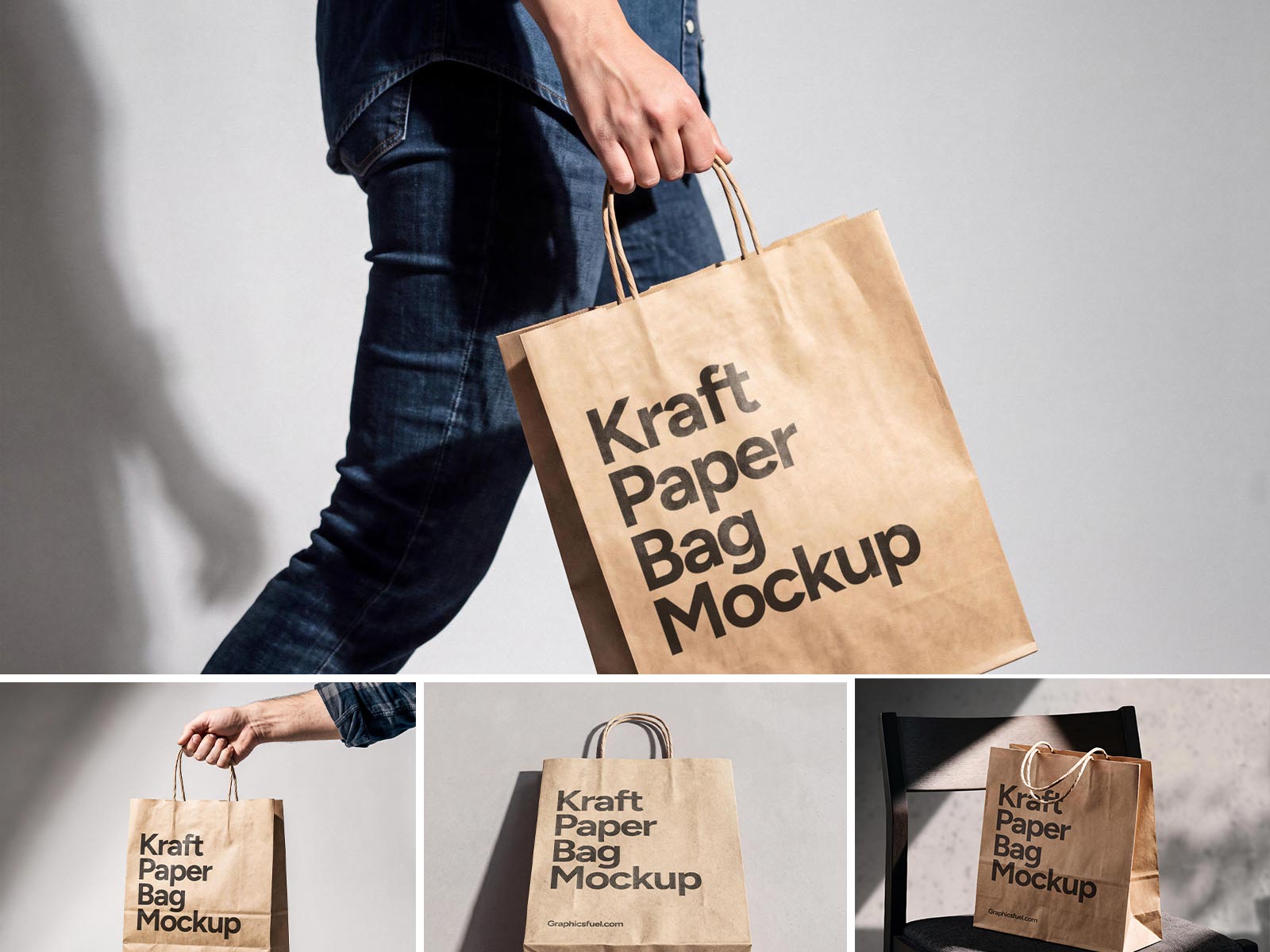 Kraft paper bag mockup set showing five branding scenes