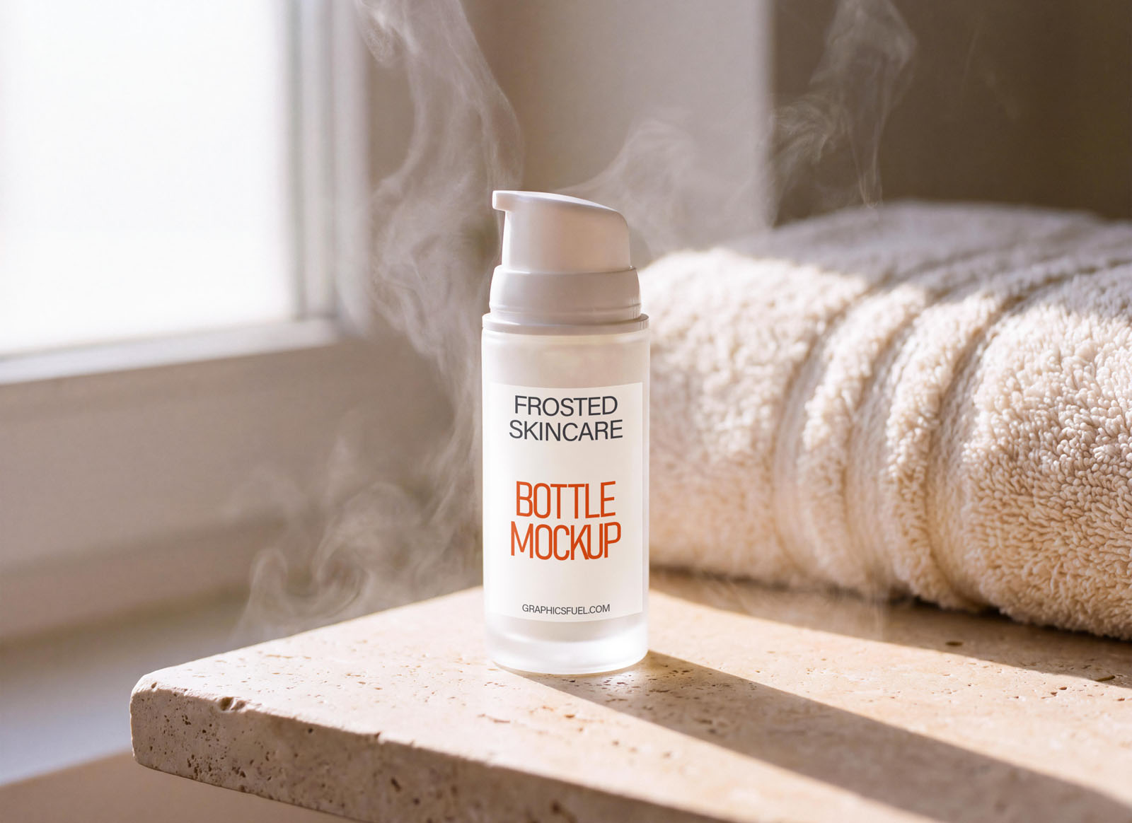 Frosted skincare bottle mockup on a stone ledge with steam and soft window light