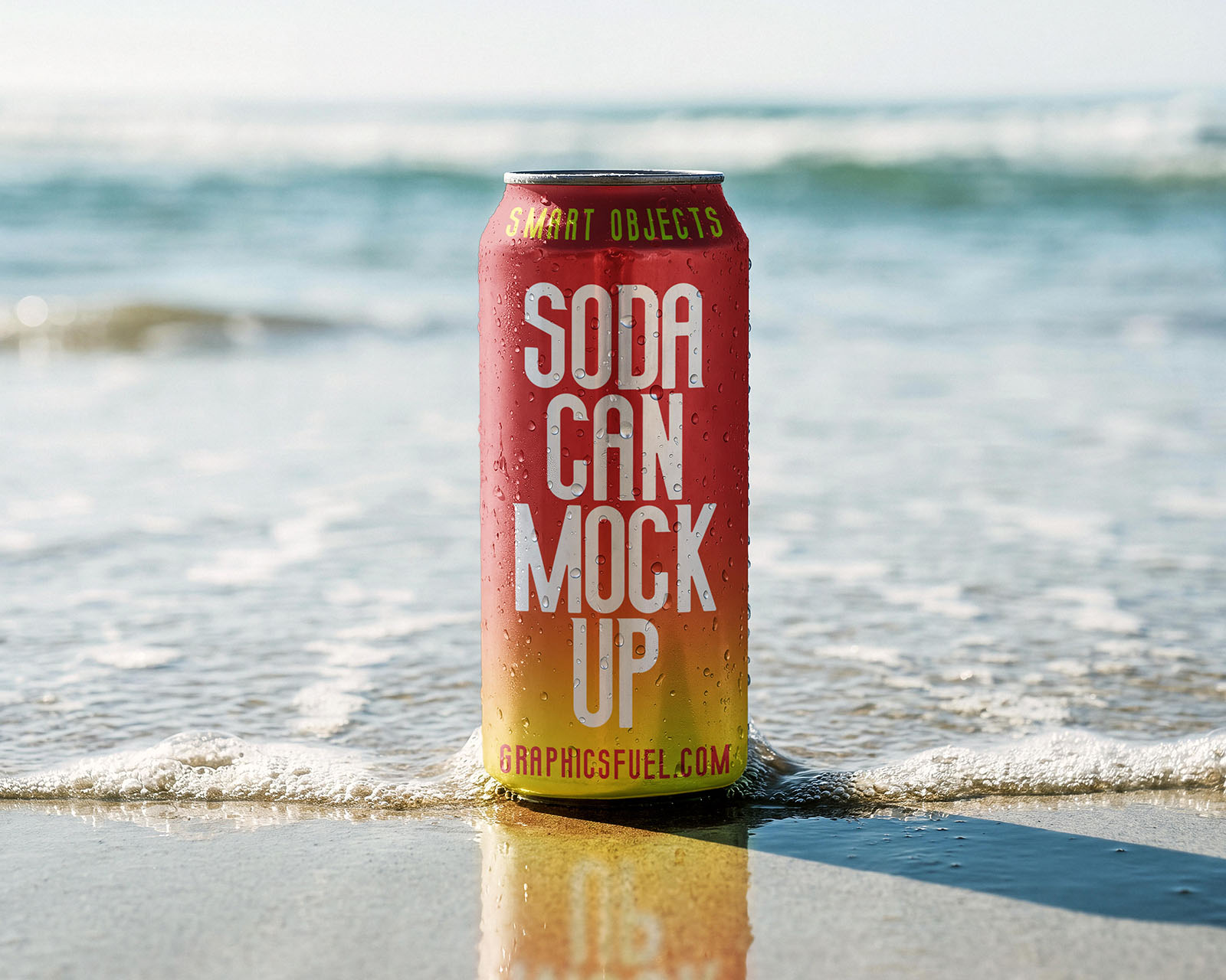 Soda can mockup standing in breaking surf on a sunlit beach