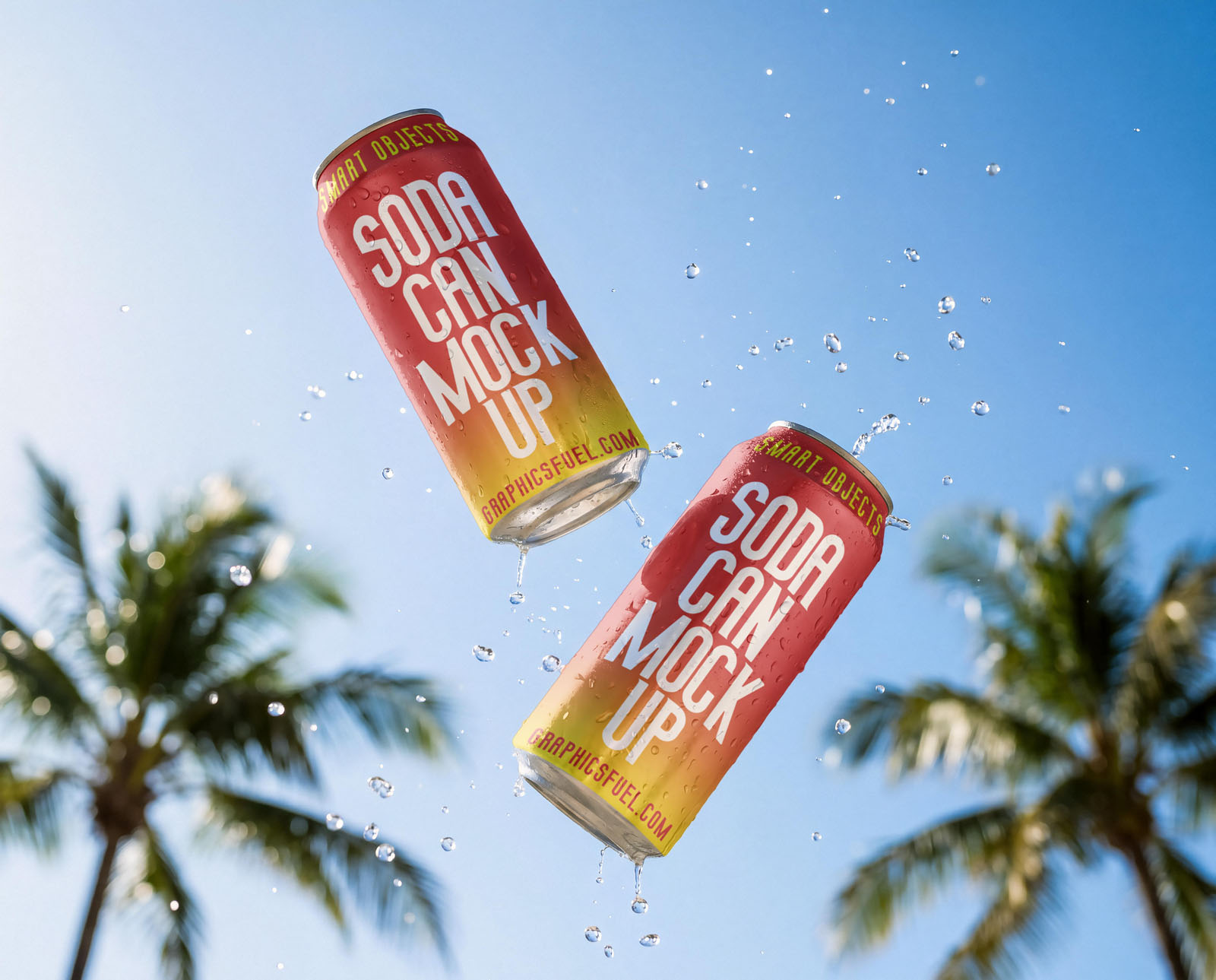 Two soda can mockups mid-air with water splash against palm trees