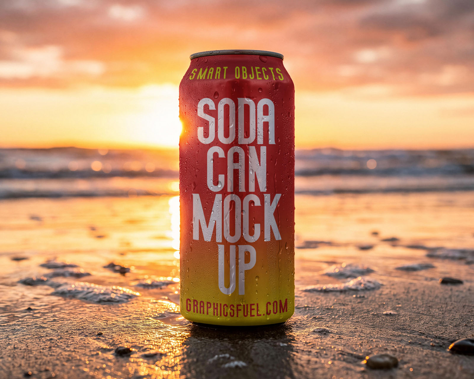 Beverage can mockup on wet sand backlit by a beach sunset