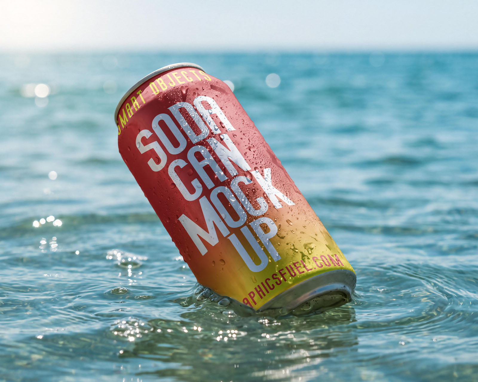 Soda can mockup tilted half submerged in clear shallow sea water