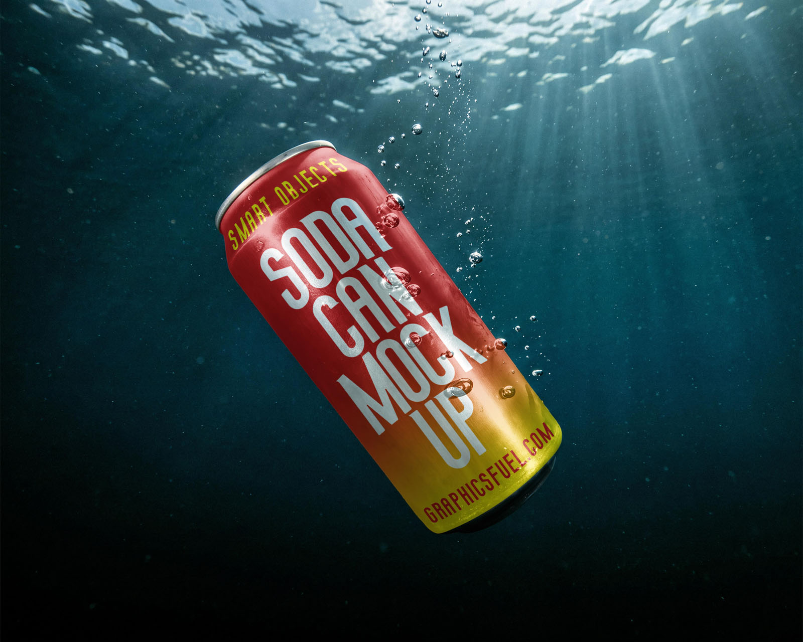 Top down soda can mockup floating in clear water with light caustics