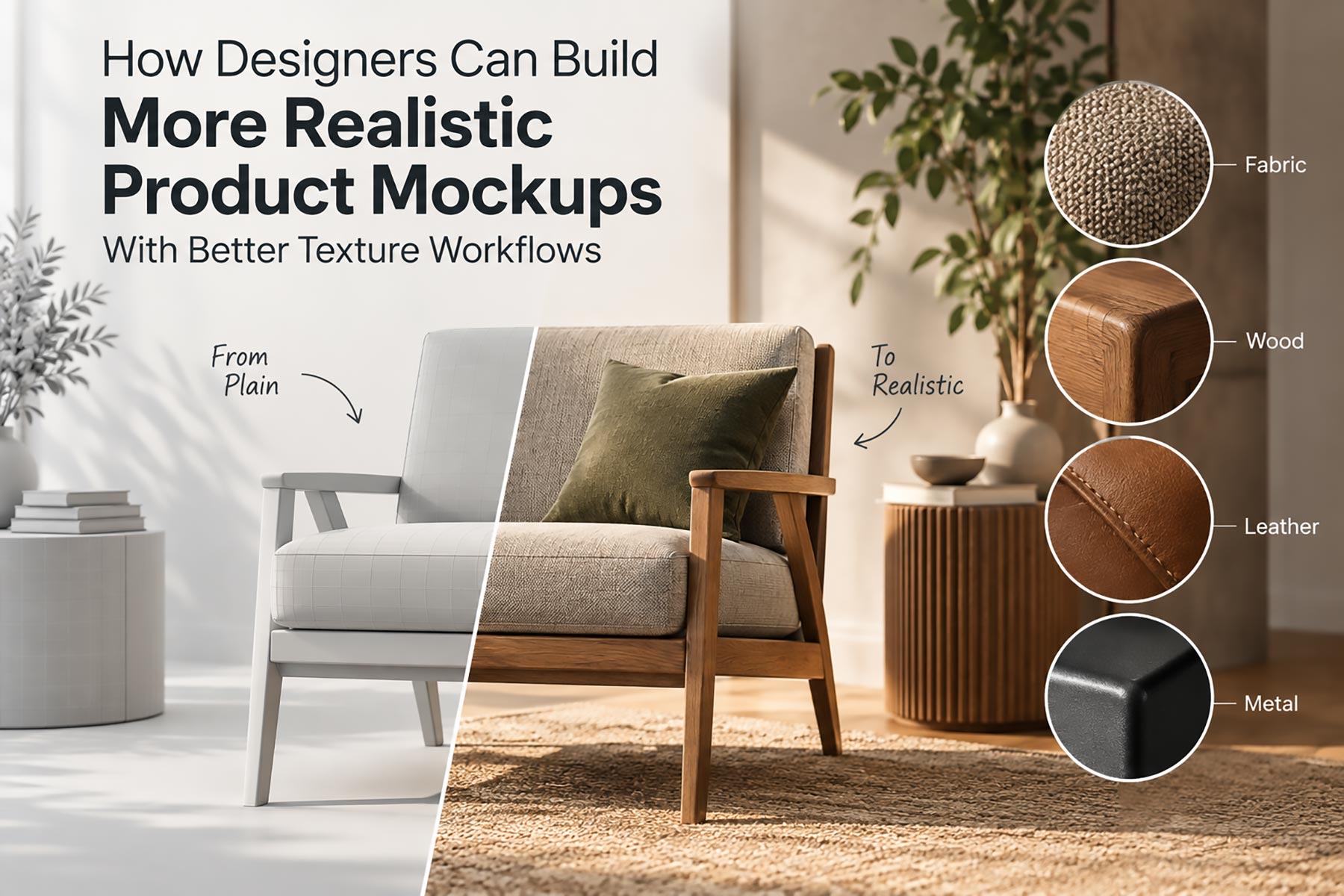 Realistic product mockup showing the transition from a plain 3D model to realistic wood and fabric textures