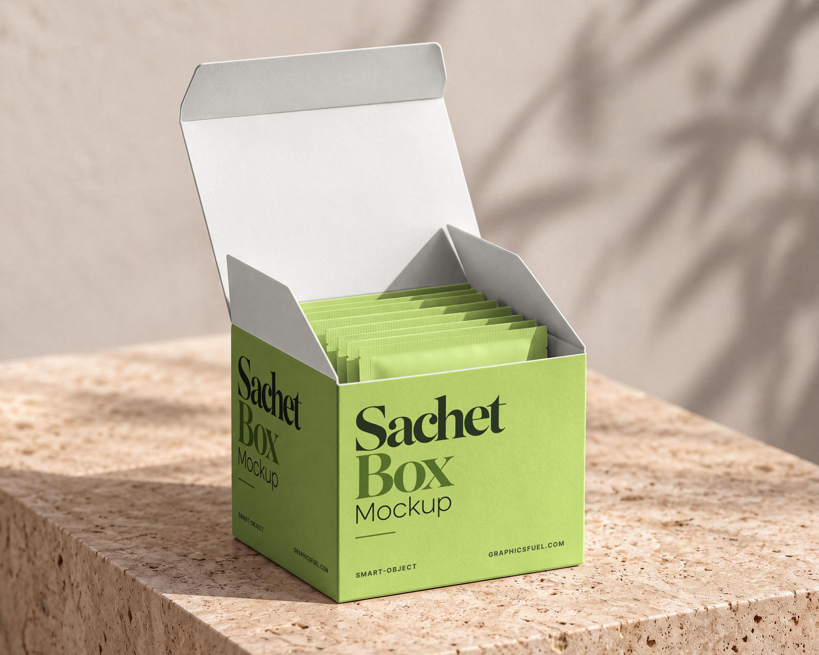 Open sachet packaging box mockup filled with individual sachets and shown from the front.