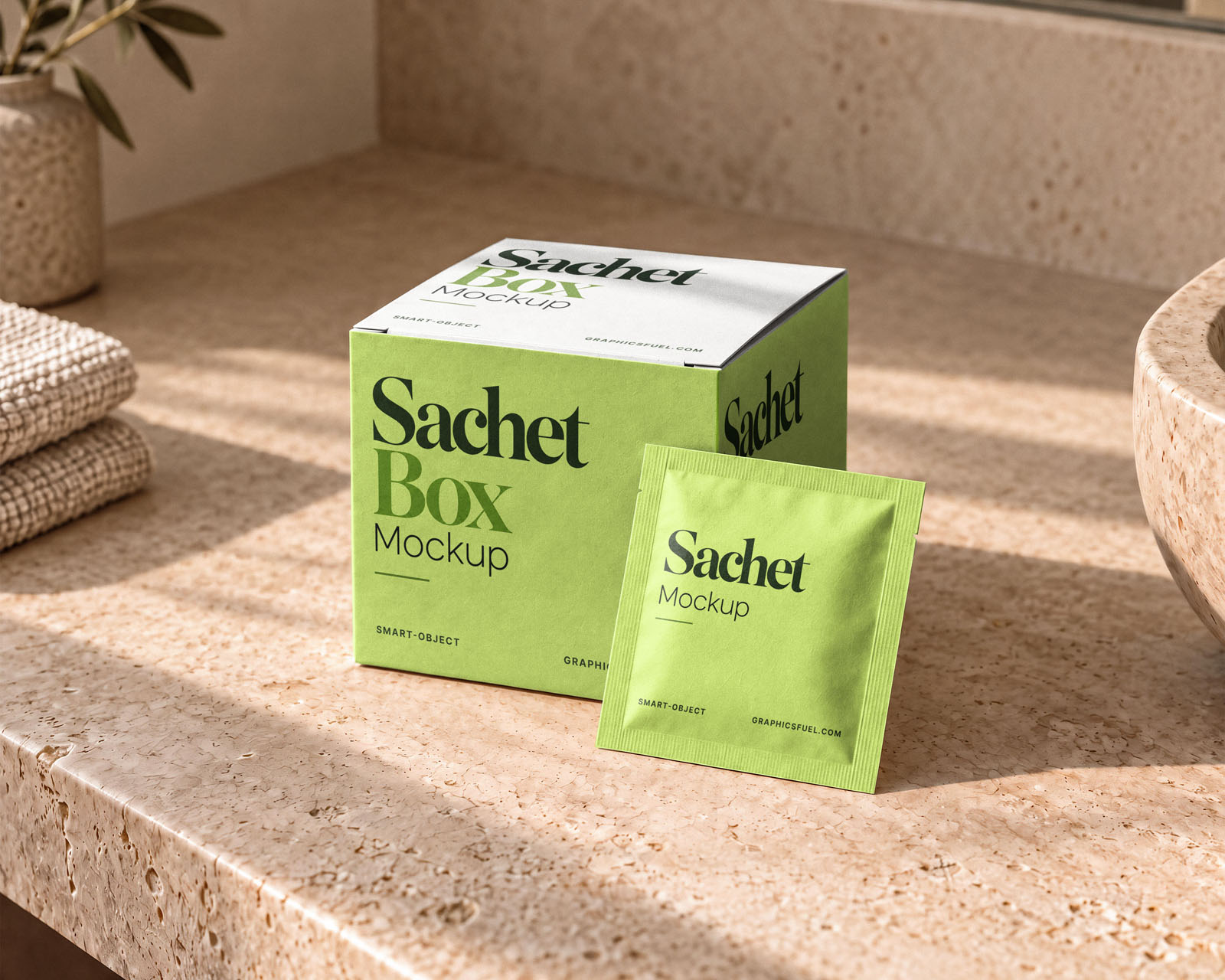 Sachet box and individual sachet mockup presented together on a warm stone surface.