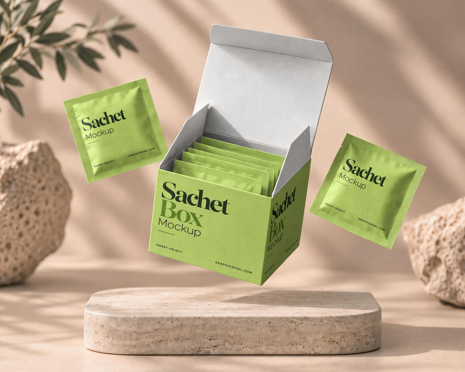 Open sachet box with individual sachets displayed in a floating product packaging scene.