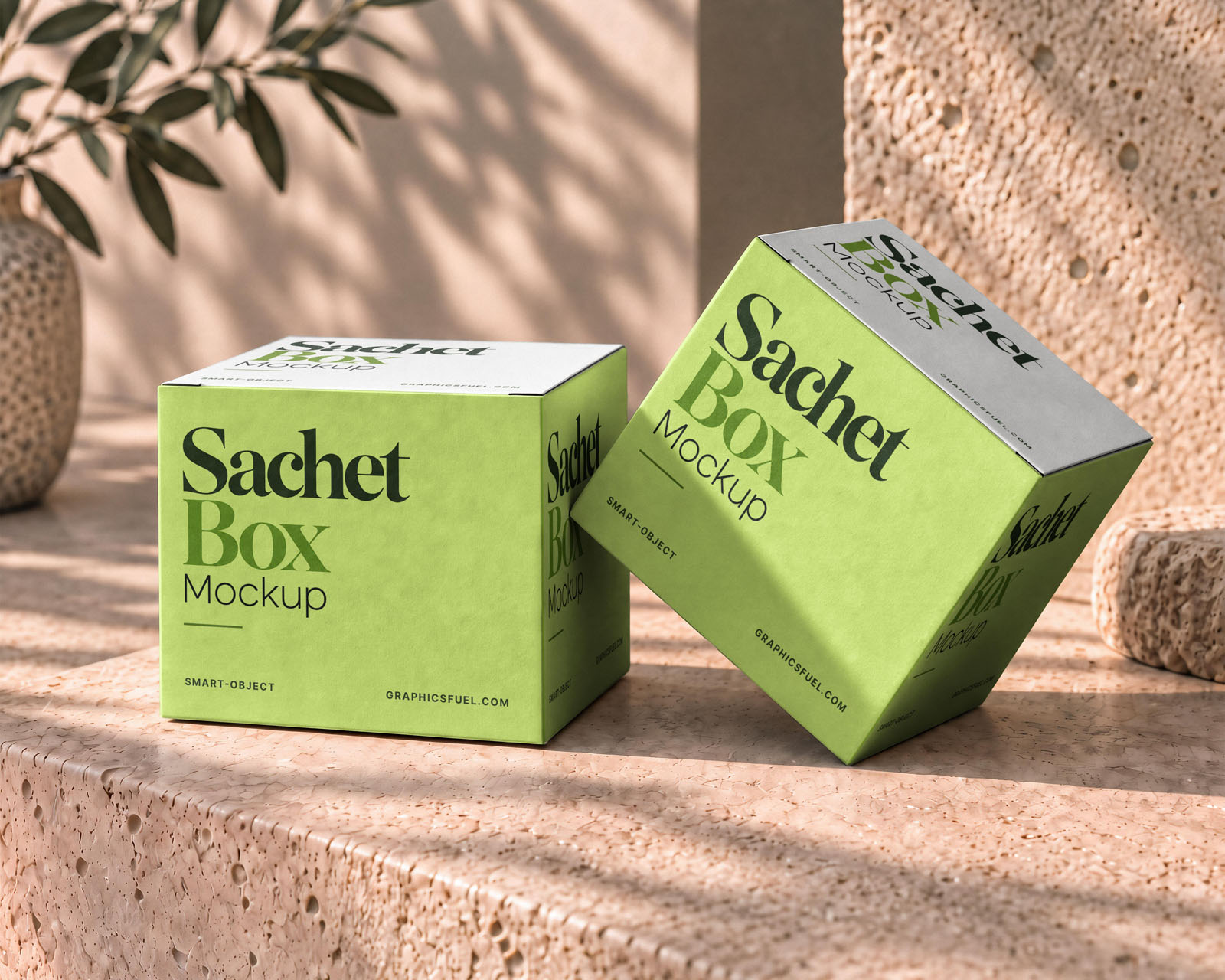 Two sachet box mockups displayed together for presenting multiple packaging design variations.
