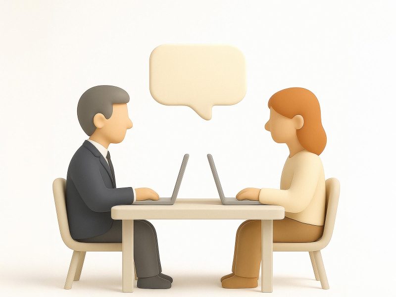 3D illustration of a professional business interview conversation with laptops and speech bubble