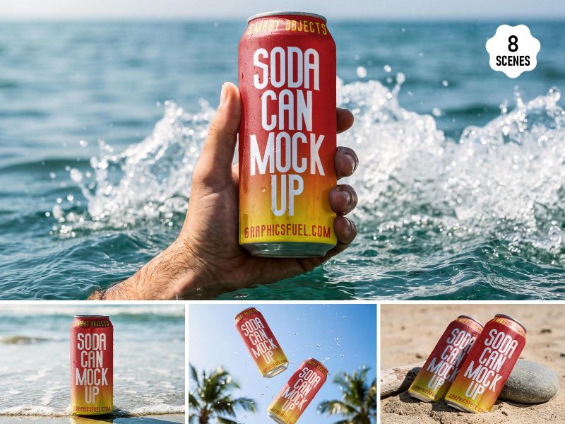 Soda can mockup set showing eight beach and underwater scenes