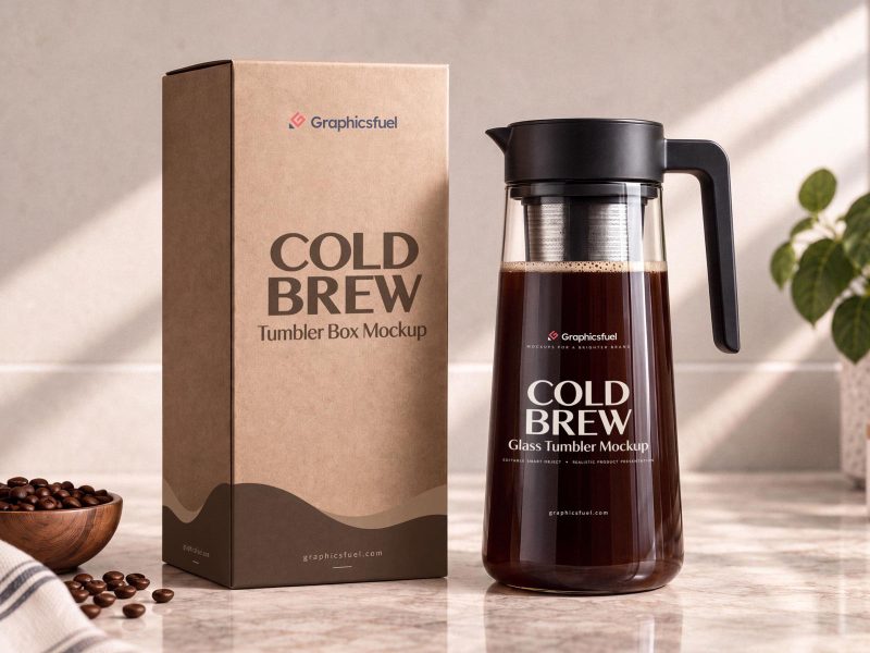 Cold brew glass tumbler and kraft box mockup with coffee beans on marble