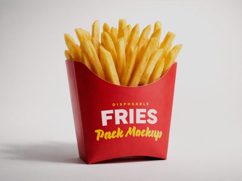French fries pack mockup with disposable red packaging and realistic food presentation