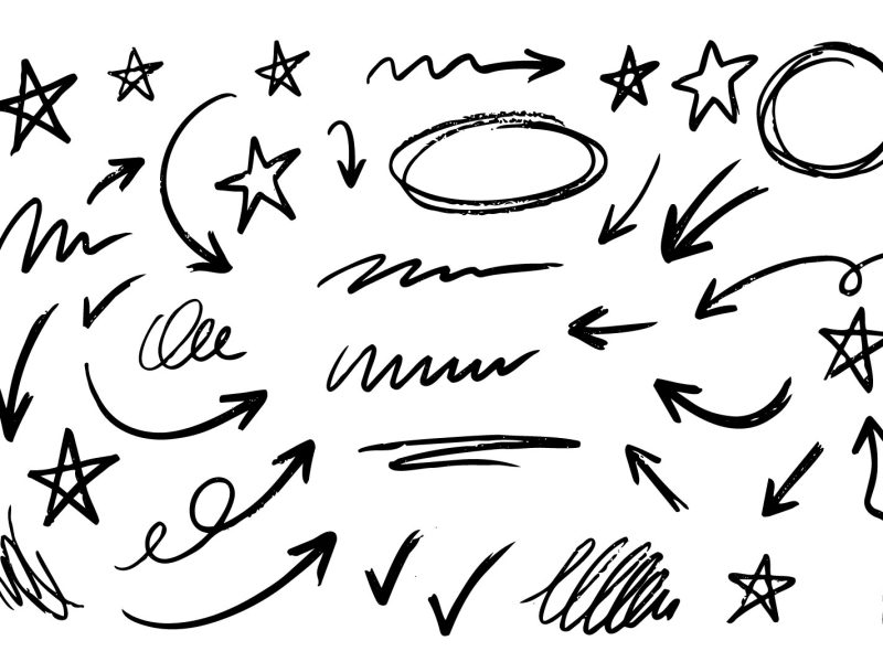 Hand-drawn doodle arrows and sketch elements including stars, lines, and directional arrows