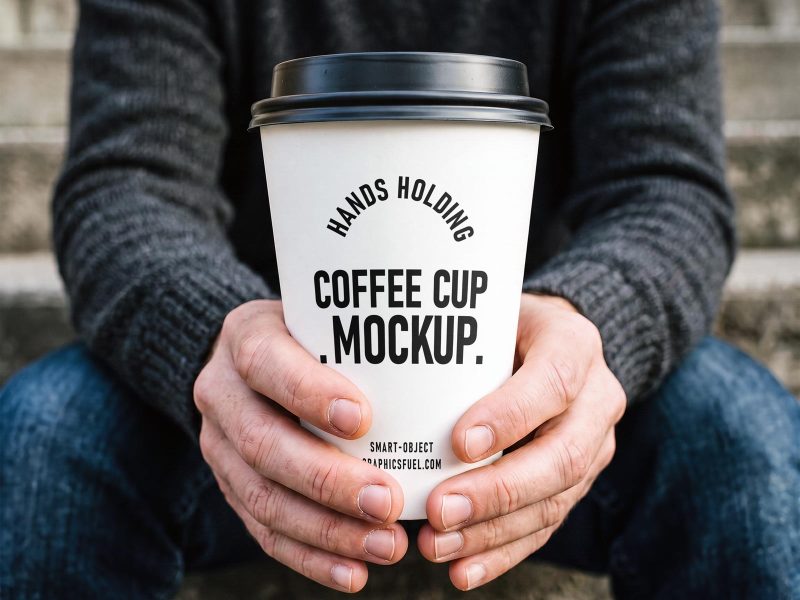 Hands holding a white paper coffee cup mockup outdoors on concrete steps