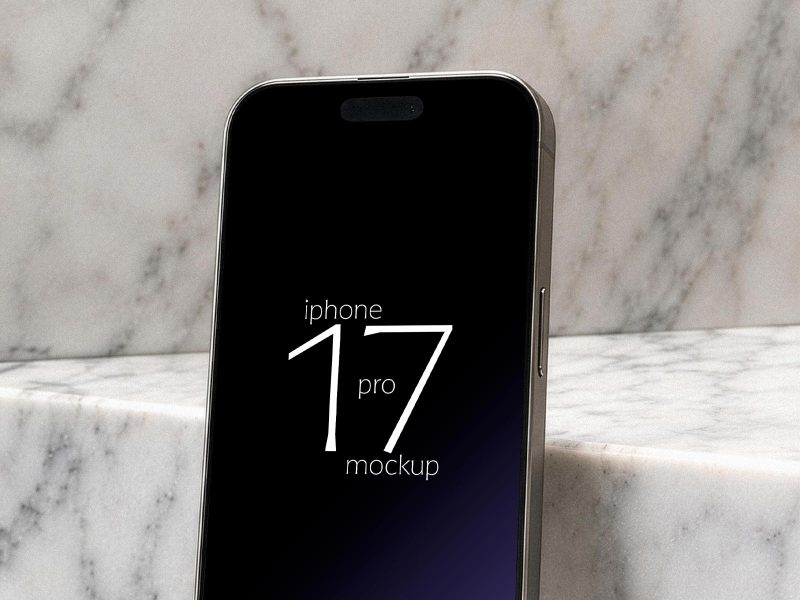 iPhone 17 Pro mockup on marble background with realistic smartphone display