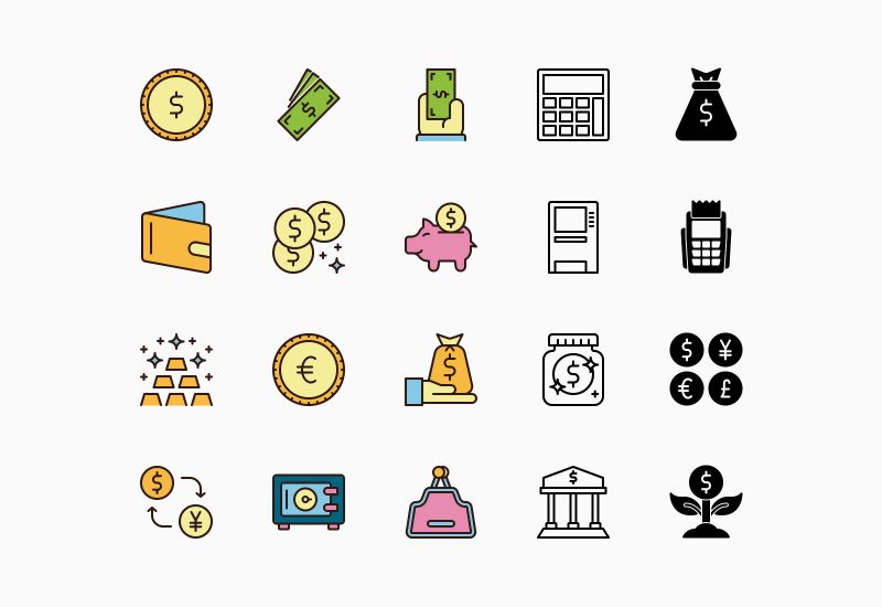 Money and valuables icons pack lines