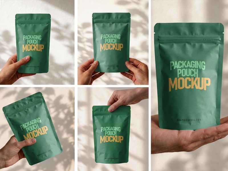 Packaging pouch mockup PSD with premium green pouch design