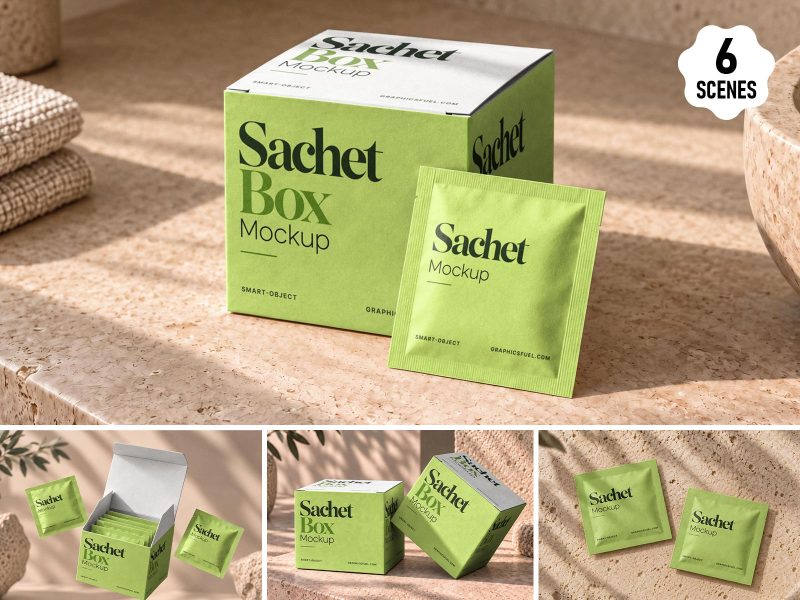 Sachet box mockup set featuring 6 premium PSD scenes with box packaging and individual sachet presentations.