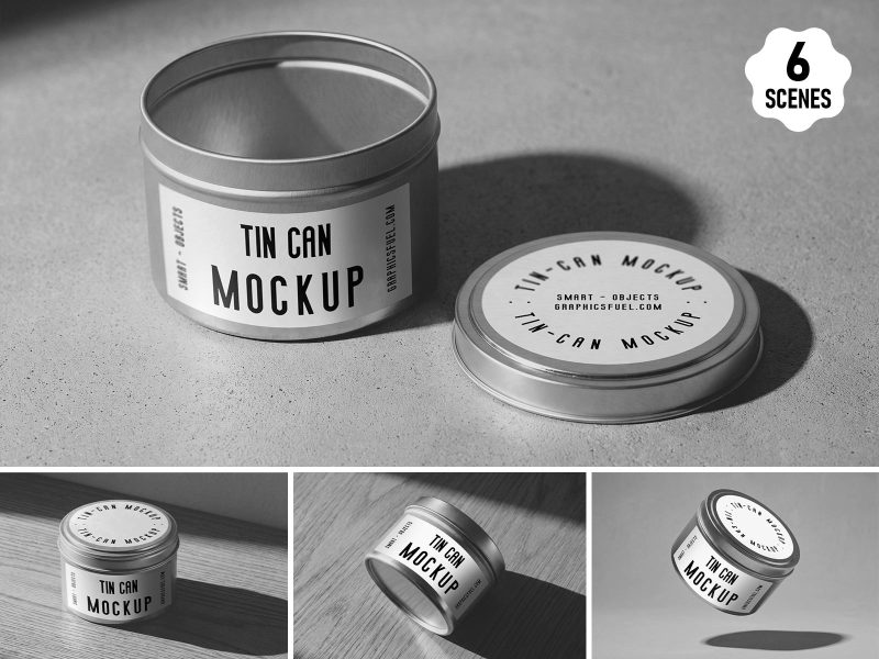 Tin can mockup set showing six candle and cosmetic tin scenes