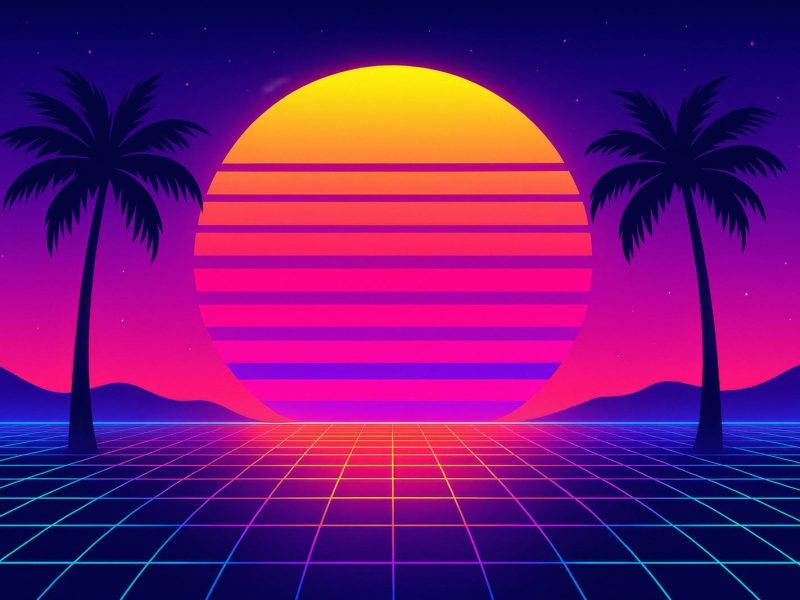 Vaporwave sunset illustration with neon grid landscape, palm trees, and glowing retro sun